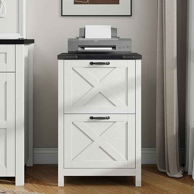 Vabches Vertical File Cabinet with 2 Drawers, Wooden Farmhouse Filing Cabinet for Letter/A4 Size Hanging Files, Under Desk Printer Stand with Storage for Home Office, White and Black