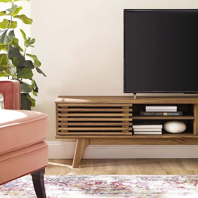 Modway Render 70" Mid-Century Modern Low Profile Media Console Entertainment TV Stand in Walnut Walnut