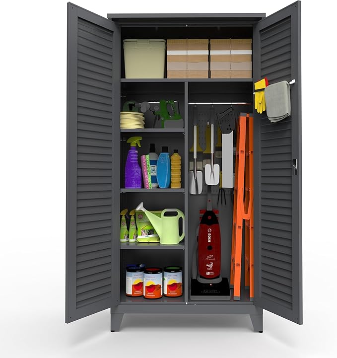 Shutter Metal Storage Cabinet,Waterproof 73'' Tall Freestanding Tool Chest w/ 3 Adjustable Shelves,Locking Doors,2 Hanging Rod,Utility Garage Storage Tool Cabinet for Garage,Home,Office,Outdoor,Black