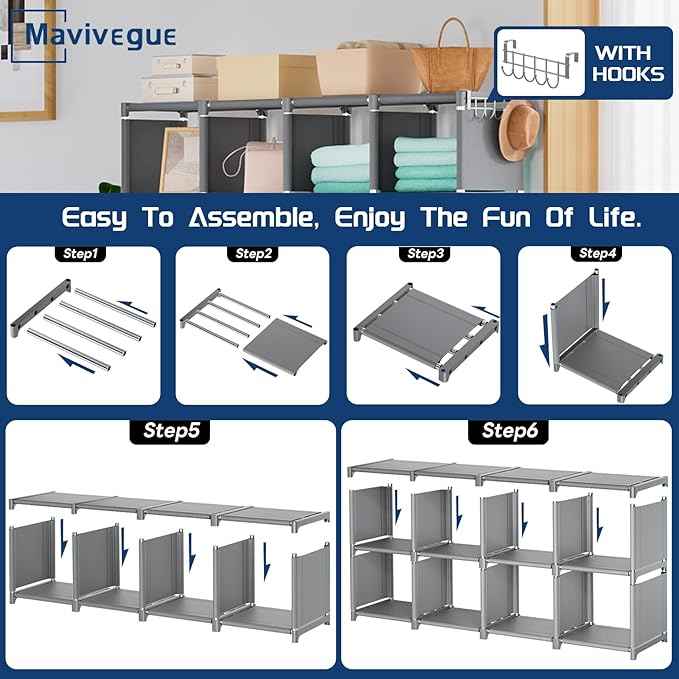 Mavivegue Book Shelf, 16 Cube Storage Organizer, DIY Bookcase, Metal Cube Bookshelf,Tall Book case for Bedroom, Living Room,Office,Closet Storage Organizer, Grey Cubicle Storage Rack