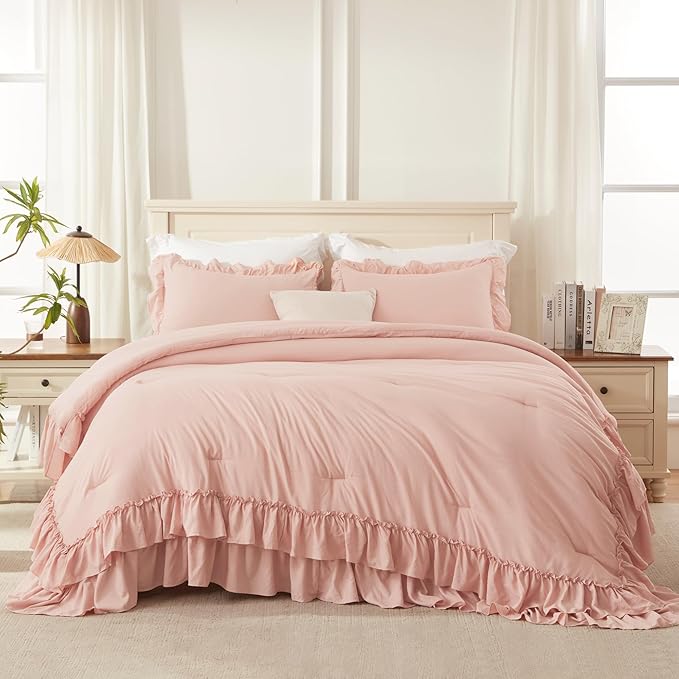 Andency Blush King Comforter Set(104x90Inch), 3 Pieces Farmhouse Shabby Chic Ruffle Bedding Comforter Sets, Lightweight Fluffy All Season Soft Microfiber Bed Set