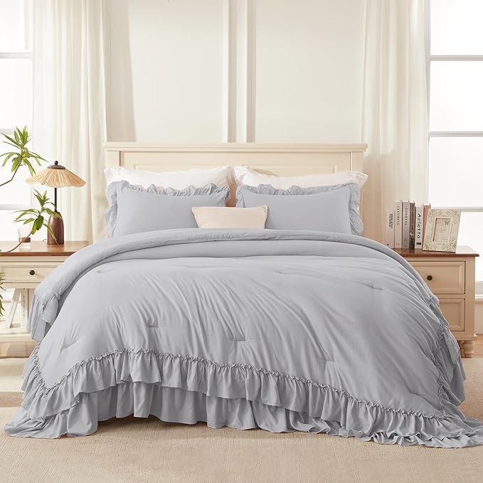 Andency Light Gray Comforter Set Queen Size, Lightweight Fluffy Farmhouse Ruffle Bedding Set, Soft Microfiber All Season Shabby Chic Bed Comforter Set 3 Pieces(1 Comforter 2 Pillowcases)