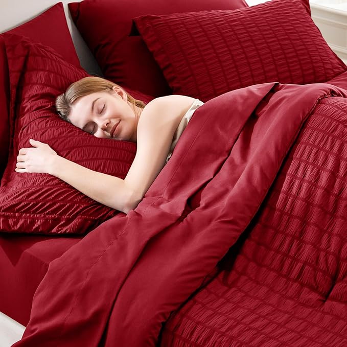 CozyLux Full Size Comforter Sets with Sheets Seersucker 7 Pieces Dark Red Bed in a Bag Textured Luxury Soft Bedding Set with Down Alternative Comforter, Sheets, Pillowcases & Shams for All Seasons