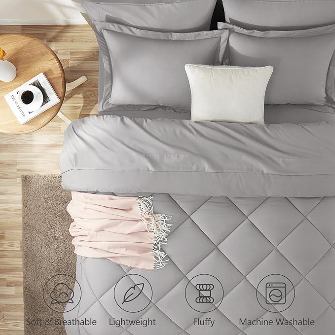 CozyLux Queen Comforter Set French Grey - Bed in a Bag Queen Size 7 Pieces, Luxury Soft Bed Set for All Seasons, Bedding Set with Down Alternative Comforter, Sheets, Pillowcases & Shams