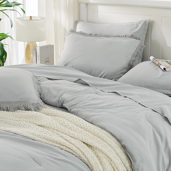 Andency California King Size Comforter Set with Sheets Light Grey - 7 Pieces Cal King Bed in a Bag Boho Bedding Sets, Light Grey Bed Set with Comforter, Sheets, Pillowcases & Shams