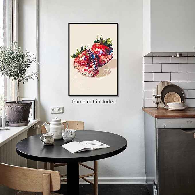 Funky Red Strawberry Disco Wall Art,Trendy Disco Ball Poster For Girls Room, Coquette Strawberries Picture Print, Art Fruit Poster For Home Bedroom Dorm wall Decor 12x16in Unframed