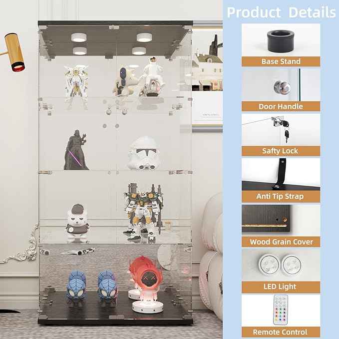 Beauty4U Glass Display Cabinet with LED Lights and Mirror, 4 Shelves with 2 Doors, Curio Cabinets for Living Room, Bedroom, Office, Black Floor Standing Glass Bookshelf, Quick Installation