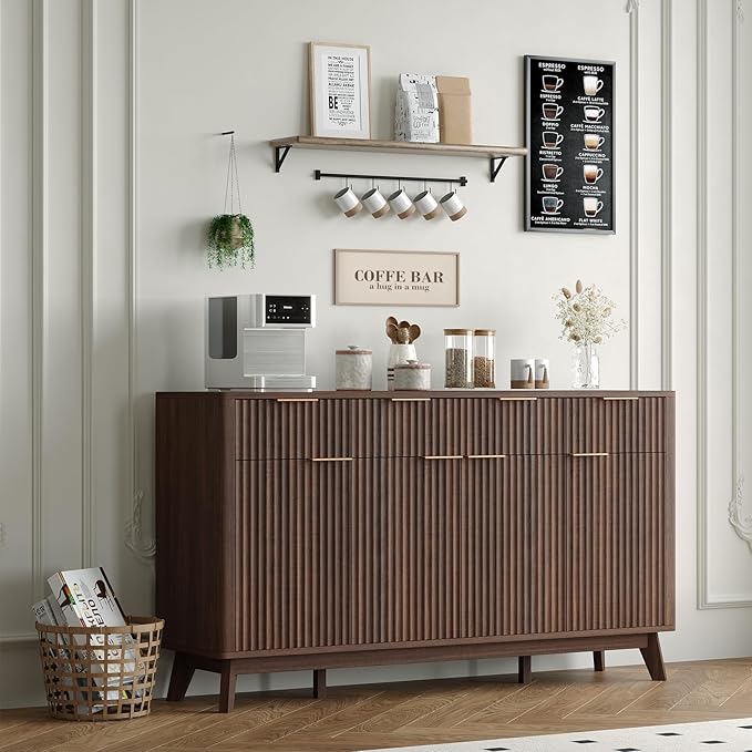 IDEALHOUSE 60" Large Farmhouse Sideboard Buffet Cabinet with Storage Drawers & Adjustable Shelves, Wood Fluted Buffet Storage Cabinet & Coffee Bar Console Table for Living Room & Kitchen Dining Room