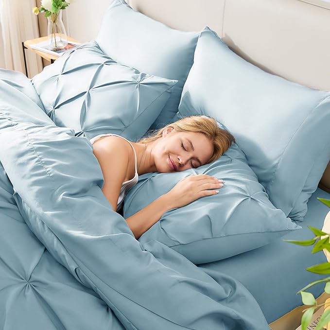 CozyLux Twin XL Comforter Set Light Blue, 5 Pieces Twin Extra Long Pintuck Bed in A Bag for College Dorm, Pinch Pleat Bedding Set with Comforter, Sheets, Pillowcase & Sham