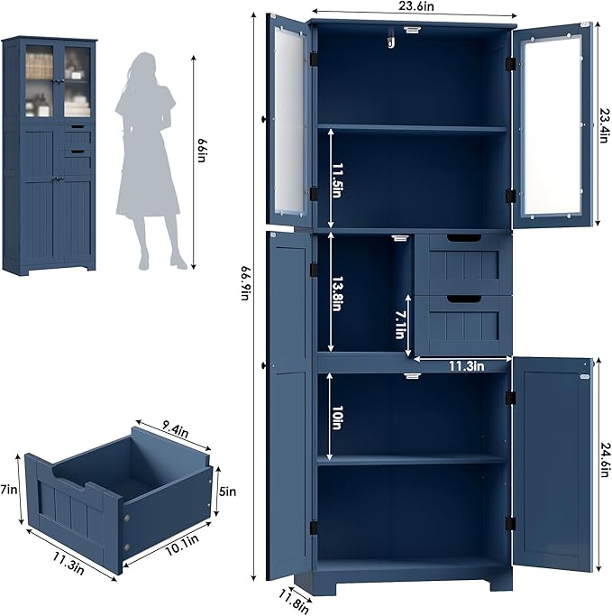 67'' Tall Bathroom Storage Cabinet, Linen Cabinet with Glass Doors and Adjustable Shelves, Kitchen Pantry with 2 Drawers for Bathroom, Living Room, Dining Room, Blue