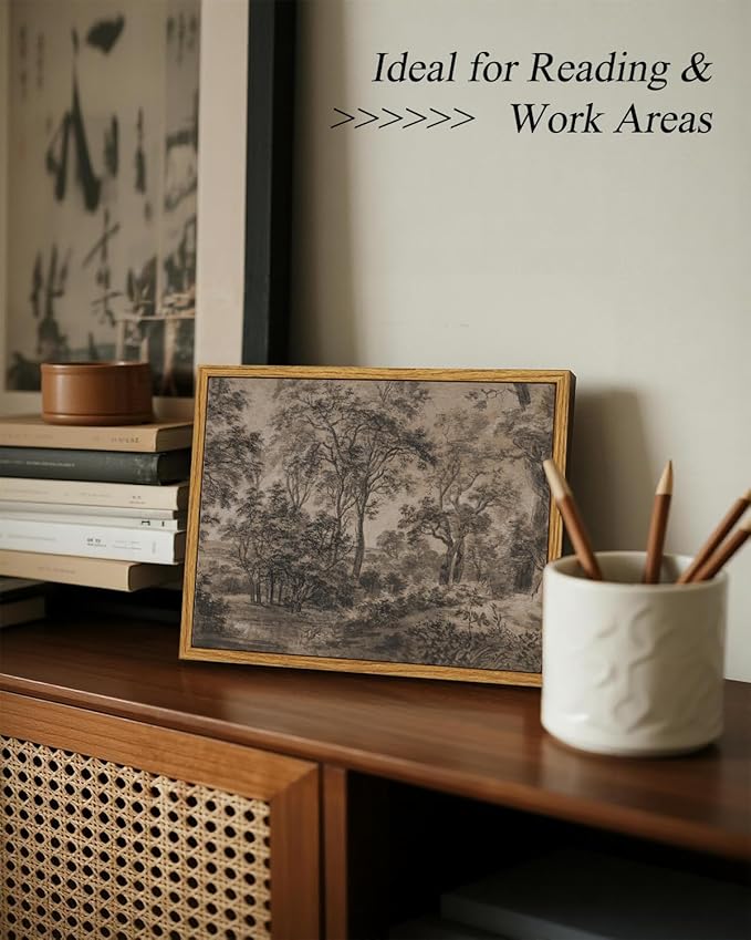 InSimSea Framed Canvas Wall Art, Vintage Wall Decor, Antique Watercolor Country Landscape Painting for Living Room, Bedroom Moody Black Sketch Retro Woodland Prints Pictures Decorations,8x10inch