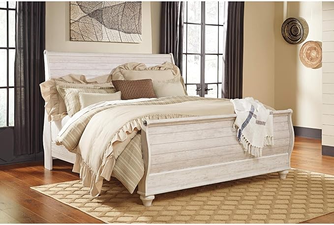 Signature Design by Ashley Willowton Cottage Farmhouse Sleigh Headboard ONLY, King, Whitewash