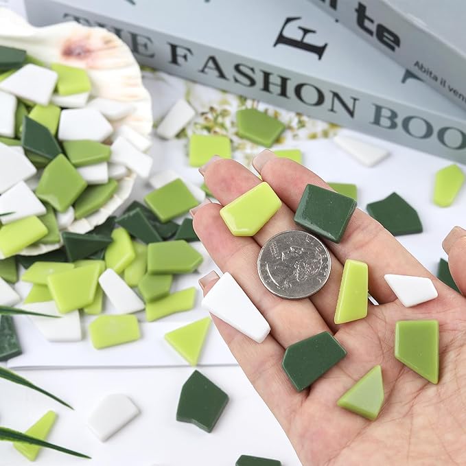 Youway Style Green Glass Mosaic Tiles for Crafts Bulk,454g Broken Glass Pieces for Mosaic Art Crafts,Garden Mosaic Supplies (Mixed Green)