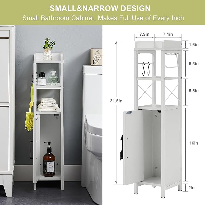 VECELO Slim Toilet Paper Holder, Small Cabinet with Door & 2 Shelves Fenced Top, Bathroom Narrow Storage Organizer for Restroom Bathroom Tiny Space, Pearl White