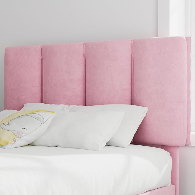 VECELO Twin Bed Frame with Upholstered Headboard, Heavy-Duty Platform Bedframe with Strong Wooden Slats Support, No Boxing Spring Needed, Pink