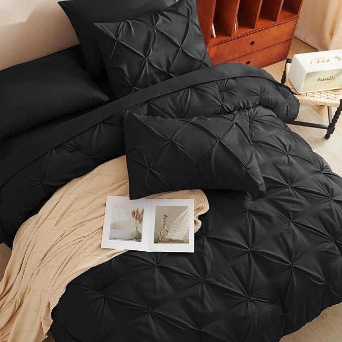 CozyLux Twin Comforter Set with Sheets Black, 5 Pieces Pintuck Bed in A Bag, Twin Bed Set Gift for Family, Pinch Pleat Bedding Set with Comforter, Sheets, Pillowcase & Sham