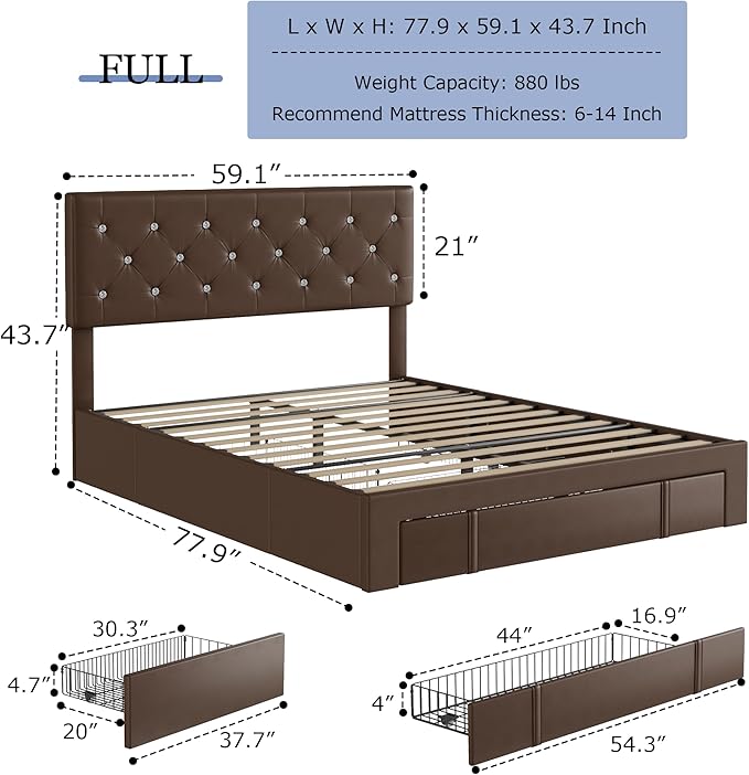 VECELO Full Size Bed Frame with 3 Storage Drawers, Leather Upholstered with Diamond Tufted Headboard, Solid Wood Slat Support, No Box Spring Needed, PU & Brown