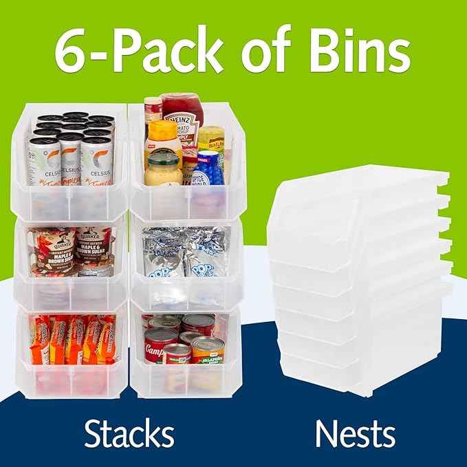 Plastic Containers for Organizing and Storage Bins for Closet, Kitchen, Office, Garage or Pantry Organization, Stackable Bins, Large (14.8" x 8" x 7"), 6-Pack, Clear