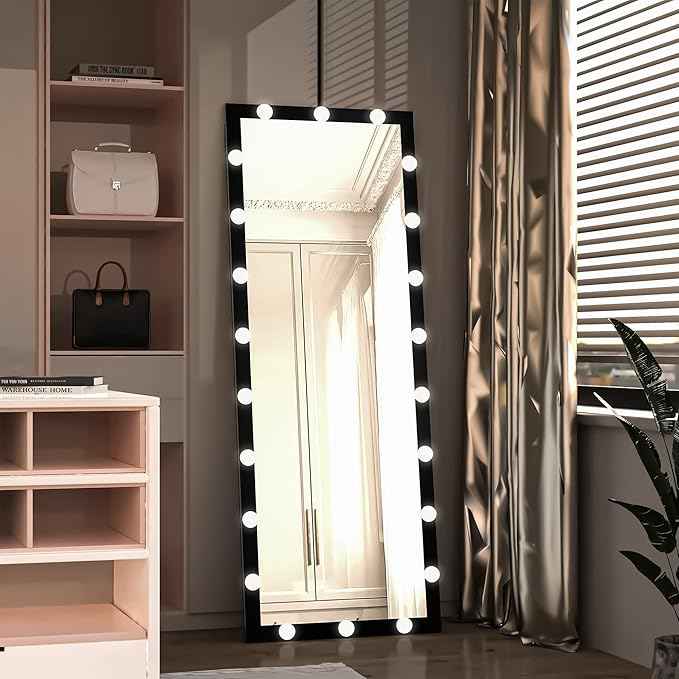 Full Length Mirror with Lights, 65" x 24" Led Standing Mirror, Wall Mounted and Floor Standing Bulbs, Wall Mounted for Bedroom,Dimming&3 Color Modes (Black)