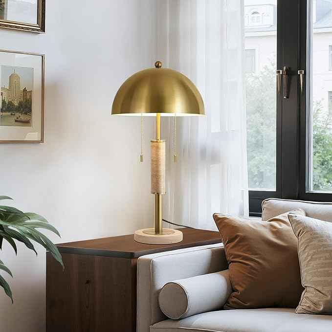 KAISITE 24" Modern Table Lamp for Living Room Gold Metal Nightstand Lamp with High-Grade Decorative Travertine Mid Century Table Lamp for Bedroom Side Table Bedside End Table