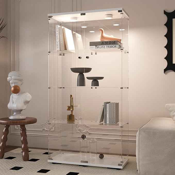 Beauty4U Glass Display Cabinet with LED Light, 4 Shelves with 2 Doors, Curio Cabinets for Living Room, Bedroom, Office, White Floor Standing Glass Bookshelf, Quick Installation