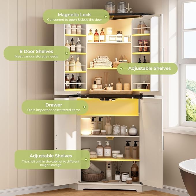 Dripex 71" Corner Cabinet White, Farmhouse Kitchen Pantry Cabinet with Doors Storage & Adjustable Shelves, Tall Corner Storage Cabinet with LED Light, Food Pantry for Living Room, Dining Room