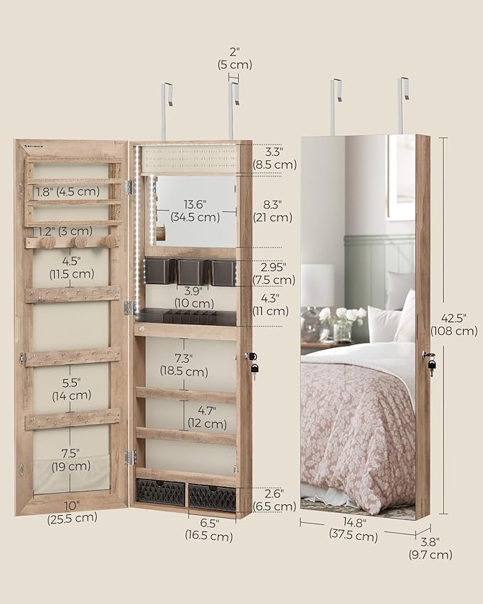 SONGMICS Jewelry Cabinet Armoire Organizer with LED Lights, Wall-Mounted Storage Cabinet with Full-Length Frameless Mirror, Built-in Makeup Mirror, 2 Drawers, Lockable, Camel Brown UJJC013N01