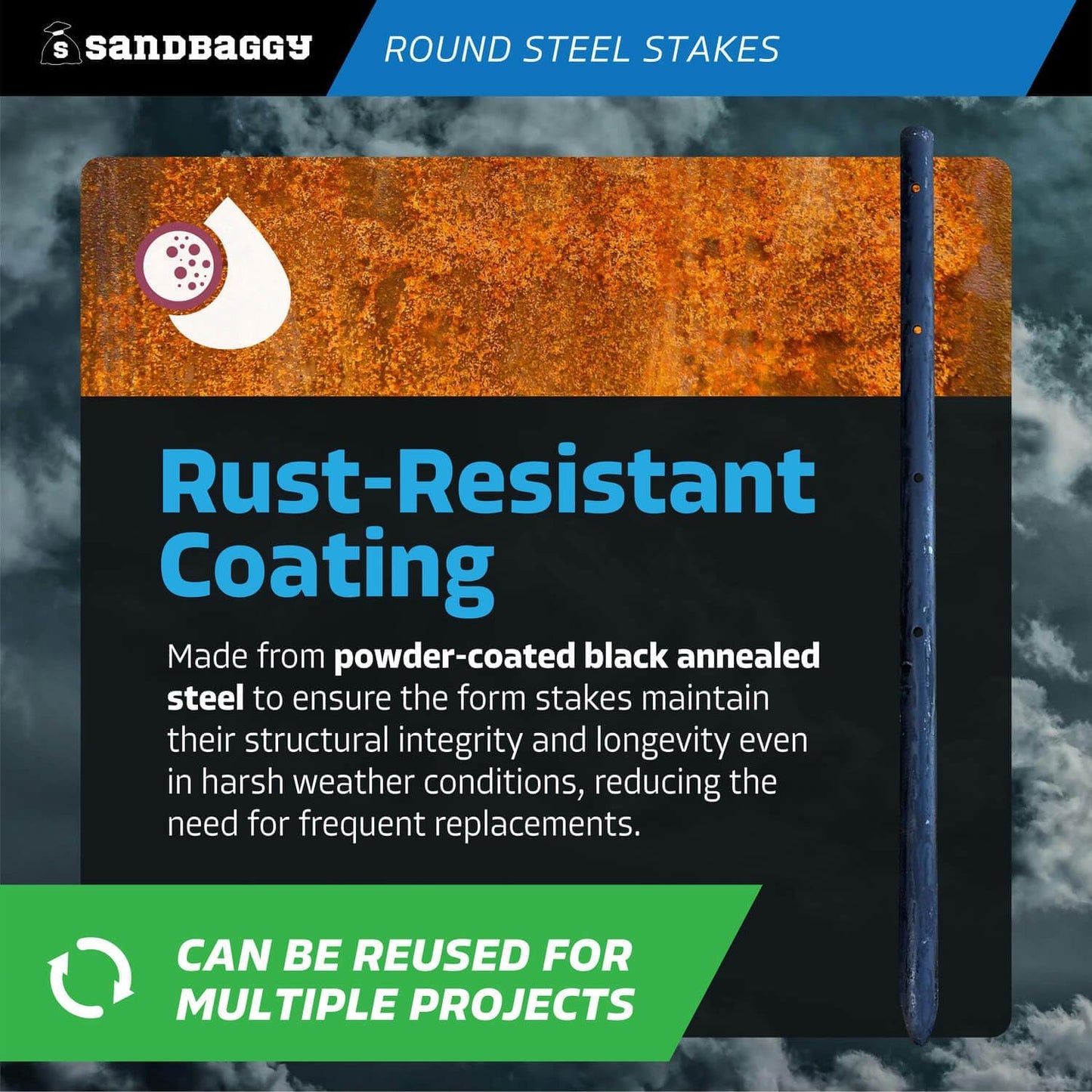 Sandbaggy Round Steel Concrete Form Stakes with Nail Holes - Rust Resistant Coating - Removable, Reusable (5, 3/4 in X 18 in)