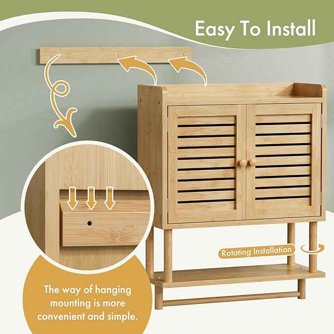 AmazerBath Bathroom Wall Cabinets, Large Bamboo Medicine Cabinets with Towel Bar, Hanging Over Toilet Storage Organizer Cabinet with Adjustable Shelves for Small Spaces, 8.3x21.3x26.6 Inches