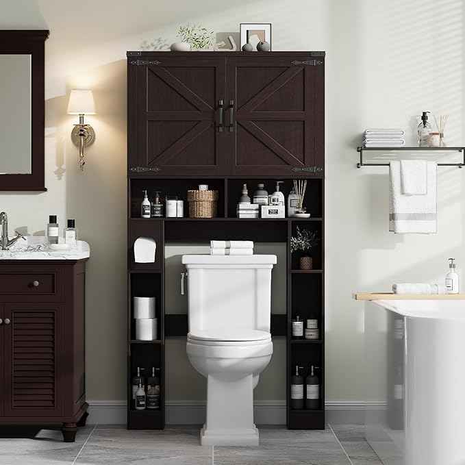 Vabches Over The Toilet Storage Cabinet, Farmhouse Storage Cabinet Over Toilet with 2 Barn Doors ，Toilet Paper Holder Stand，Home Space-Saving Toilet Rack, for Laundry, Restroom, Bathroom(Walnut)