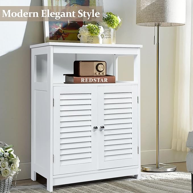 COSTWAY Bathroom Storage Cabinet, Wooden Side Storage Organizer with Louver Doors & Removable Shelf, Freestanding Floor Cabinet for Living Room, Kitchen, Entryway (White)
