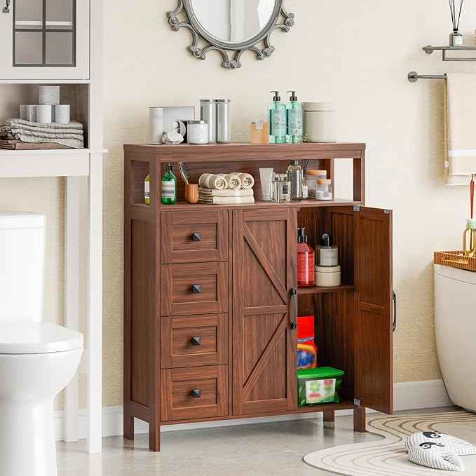Vabches Farmhouse Storage Cabinet with 2 Doors and 4 Drawers, Freestanding Bathroom Compartment Kitchen Pantry Cabinet, Floor Cupboard for Kitchen/Living Room/Bathroom,Walnut