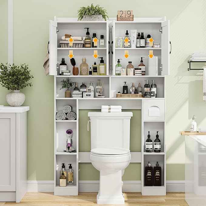 Vabches Over The Toilet Storage Cabinet with 4 Barn Doors, Bathroom Organizer with Toilet Paper Holder & Adjustable Shelves, Space-Saving Farmhouse Toilet Shelf for Bathroom,Restroom,Laundry