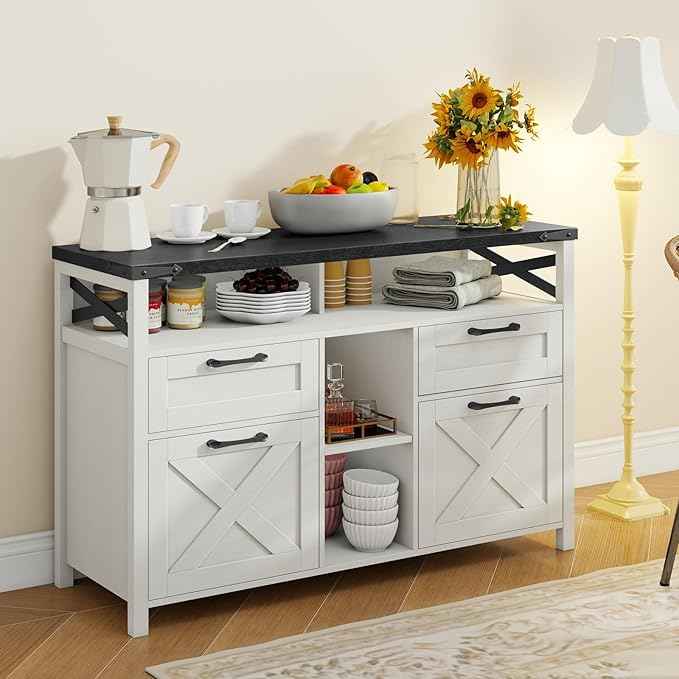 Lateral File Cabinets 4 Drawers with Open Storage Shelf, Farmhouse Filing Cabinet with Adjustable Shelf for Home Office, Filing Organization Storage Cabinets for Hanging Files Letter/A4. Black