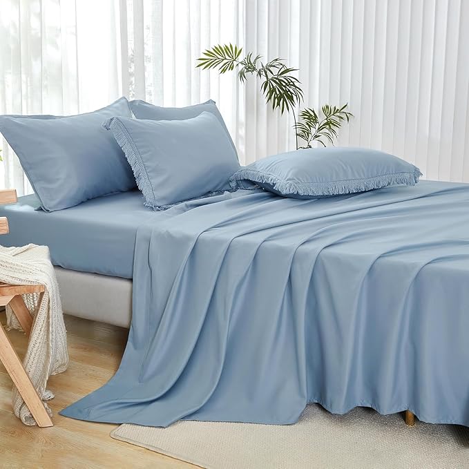 Andency California King Size Comforter Set with Sheets Grayish Blue - 7 Pieces Cal King Bed in a Bag Boho Bedding Sets, Bed Set with Comforter,Sheets, Pillowcases & Shams