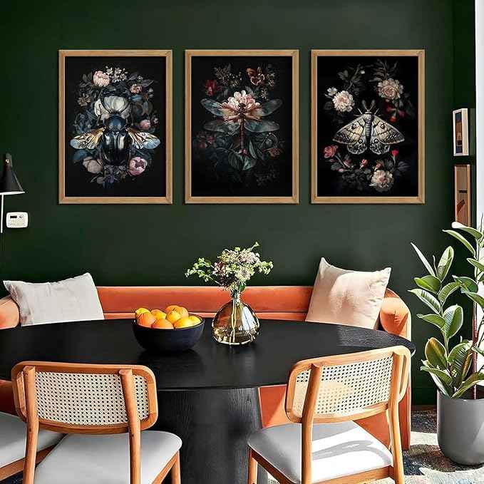 Dark Botanical Insect Canvas Wall Art Gothic Insect And Botanical Posters Prints Dark Academia Moody Floral Cottagecore Art Painting Vintage Dragonfly Beetle Moth Pictures Wall Decor Framed