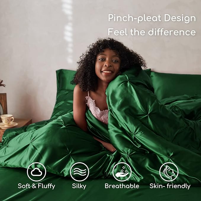 MR&HM Satin Comforter Queen 7 Pieces - Luxurious Pinch Pleat Bedding Set with Comforter, Flat Sheet, Fitted Sheet, Pillowcases & Shams, Super Silky Soft Bed Set for All Season (Queen, Dark Green)