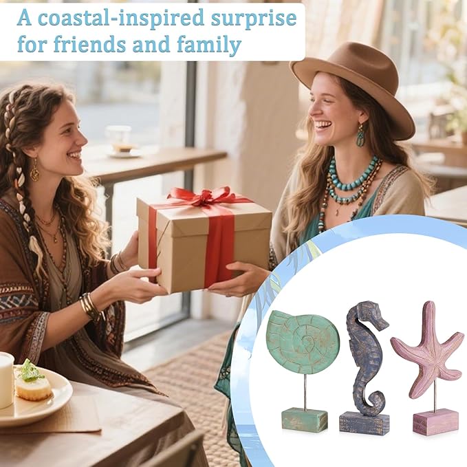 3pcs Wood Handmade Beach Nautical Style Figurines Starfish/Conch/Seahorse Statue Home Decor (Multicolor)