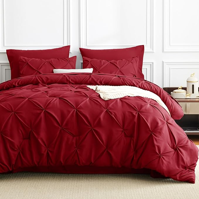 CozyLux Queen Comforter Set Dark Red, 7 Pieces Pintuck Bed in A Bag, Premium Red Comforter Queen Size, Pinch Pleat Bedding Sets with Comforter, Sheets, Pillowcases & Shams