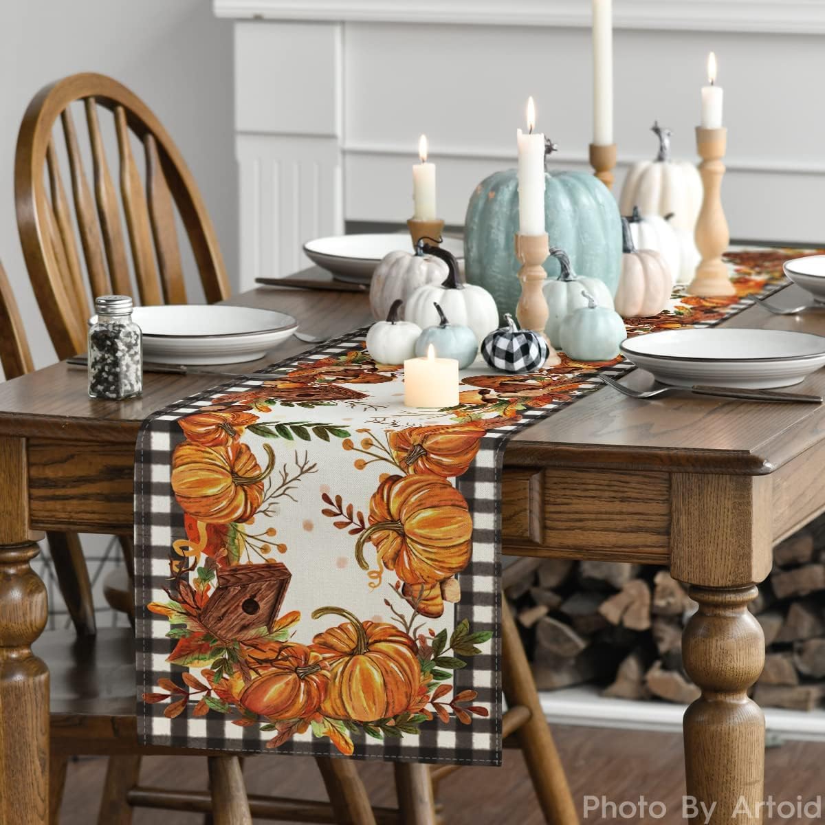 Artoid Mode Buffalo Plaid Pumpkin Mushroom Birdhouse Leaves Fall Table Runner, Autumn Kitchen Dining Table Decoration for Home Party Decor 13x60 Inch