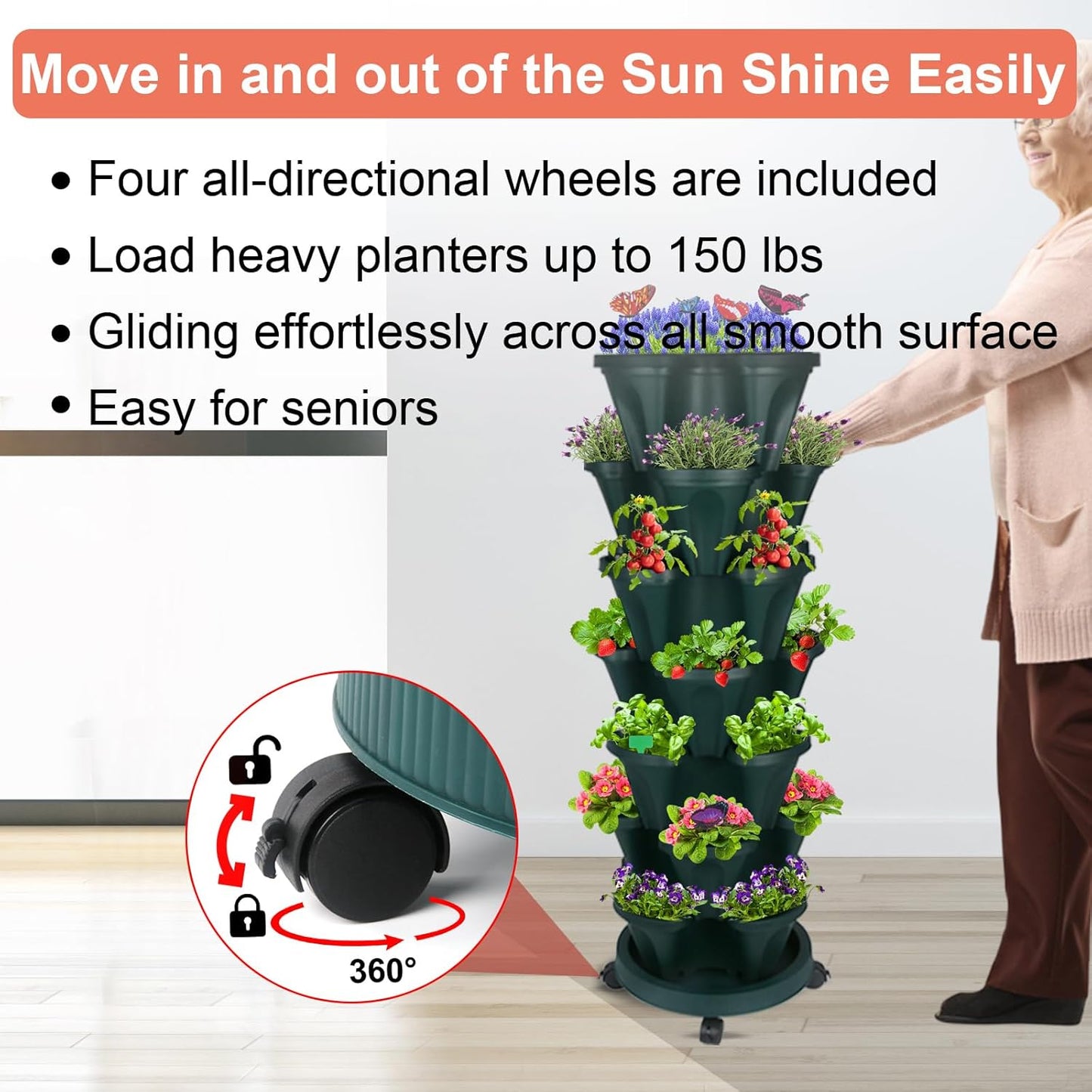 DUNCHATY Stackable Planter, Vertical Strawberry Planter with Garen Tool Set, Self Watering Garden Planter Indoor/Outdoor 7 Tier Herb Planter Pots for Growing Vegetables and Succulents, Pine Green