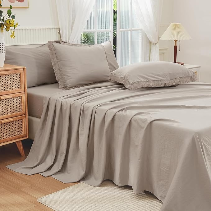 Andency Oversized King Comforter Set with Sheets 120x120 Wheat - 7 Pieces Boho Tassel Bed in a Bag Soft Lightweight Bedding Sets, Fringe Bed Set with Comforter, Sheets, Pillowcases & Shams