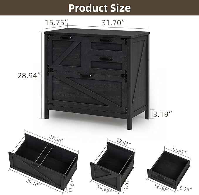 Vabches Wood Lateral File Cabinet with 4-Drawer for Hanging Files Letter/A4/Legal Size, Large Farmhouse Filing Cabinets for Home Office, Printer Stand with Office Cabinet, Office Furniture, Black