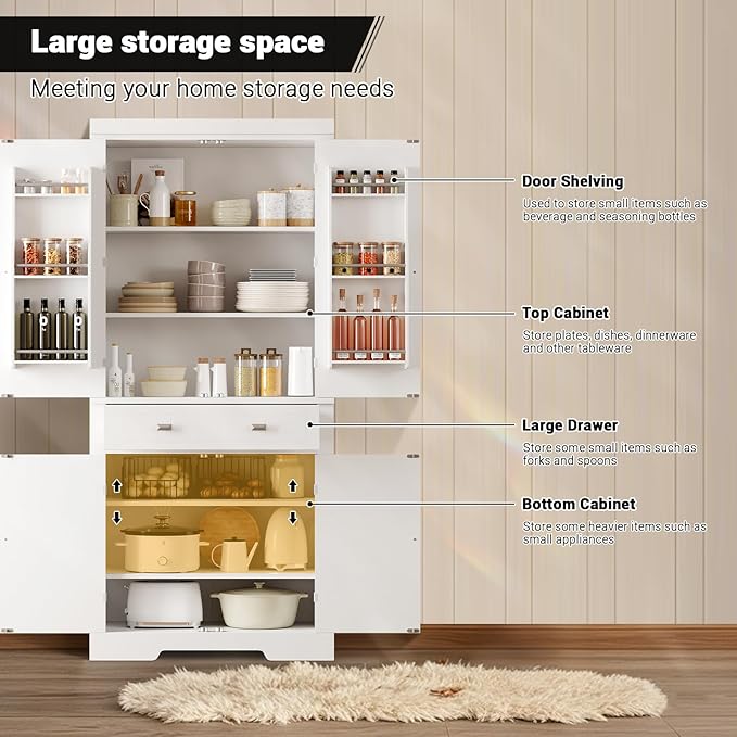 72" Tall Kitchen Pantry Cabinet with 6 Door Shelves, 2 Cabinets & 4 Adjustable Shelves, Freestanding Storage Cabinet for Kitchen, Living Room, Dining Room, White