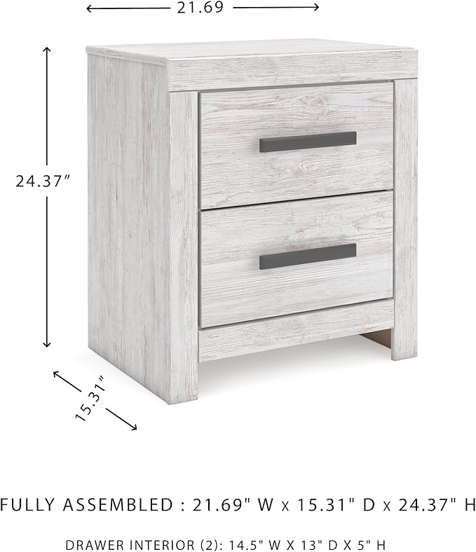 Signature Design by Ashley Cayboni Casual Nightstand with Framed Front and Pilasters, 2 Storage Drawers, Large Black Handles, Wood, 24.37" High, White