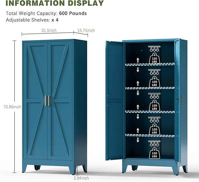 COFaR Home Farmhouse Storage Cabinet with Barn Door, Tall Kitchen Pantry Cupboard with Adjustable Shelves, for Dining Room, Bathroom, Living Room Blue.