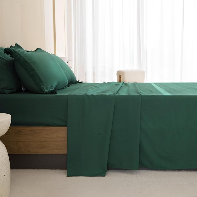 Andency California King Size Comforter Set with Sheets Emerald Green - 7 Pieces Cal King Bed in a Bag Boho Bedding Sets, Dark Green Fringe Bed Set with Comforter, Sheets, Pillowcases & Shams