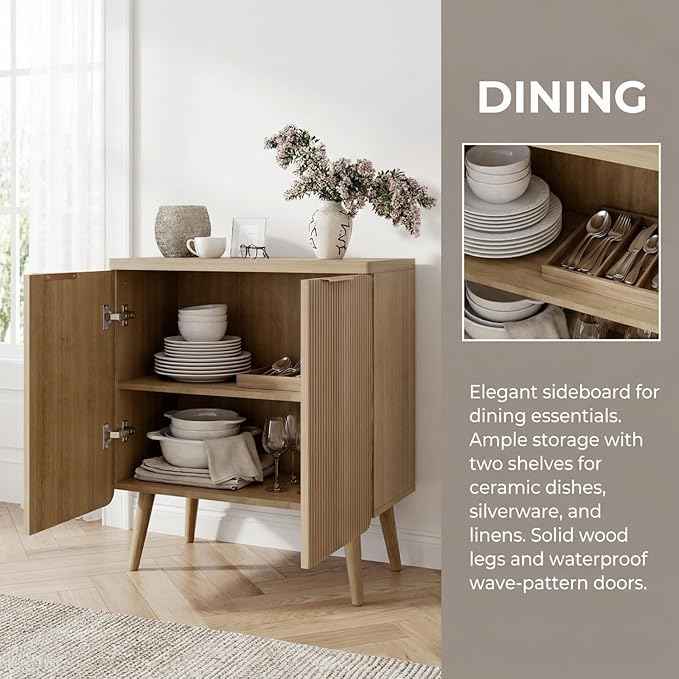 23.6" Modern Fluted Sideboard Cabinet with 2 Doors, Wood Storage Credenza with Shelves, Multi-Purpose Buffet Cabinet for Entryway, Dining & Living Room, Natural Wood