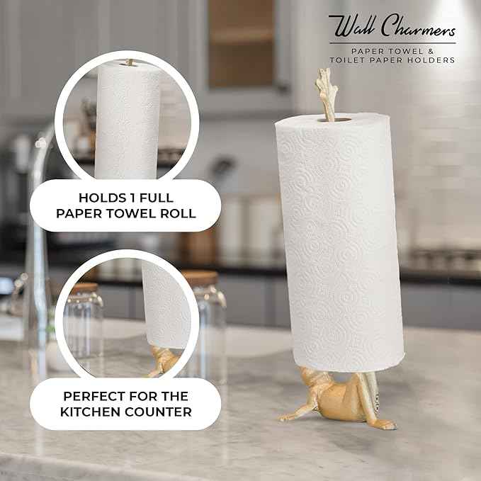 WallCharmers Gold Paper Towel Holder, Metal Toilet or Kitchen Paper Holder for Floor or Countertop, Gold Frog