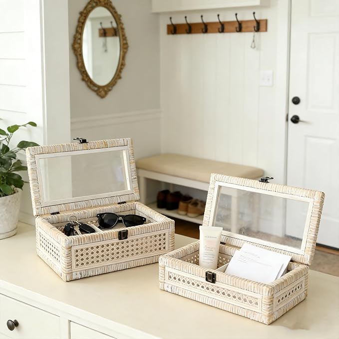 Rattan and Cane Stacking Boxes with Glass Top Lid - Set of 2 11.8" and 14.1", for Boho and Rustic Farmhouse Decor, White Wash